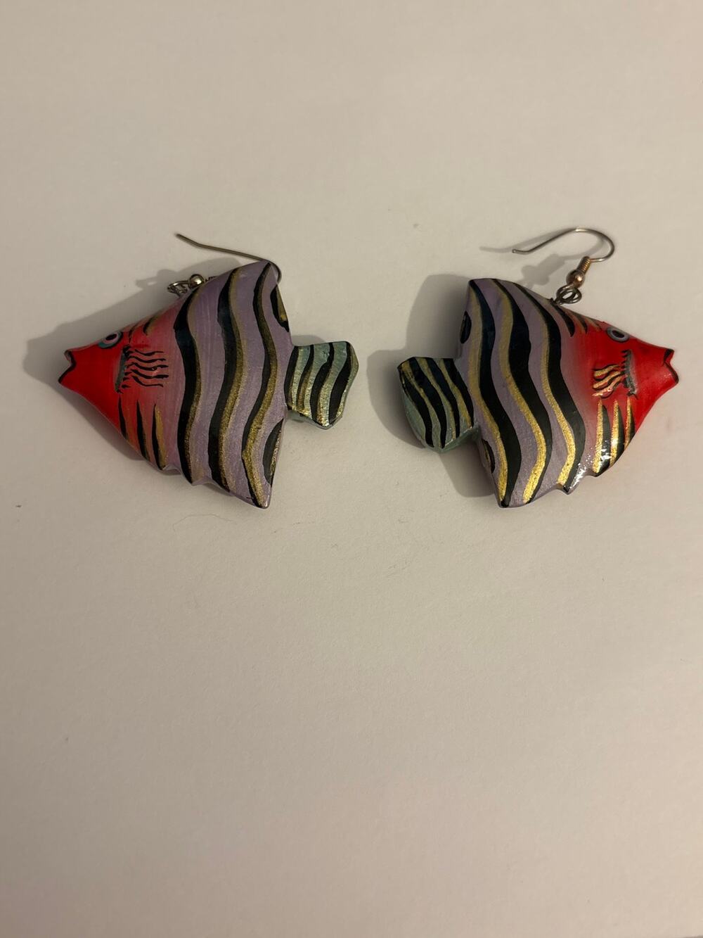 Vintage Hand Painted Wood Fish Dangle Earrings